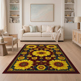 ODIKA Washable Sunflower Vintage Area Rug - Burgundy Floral Low Pile Non-Slip Rug
