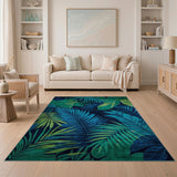 Blue and Teal Navy Blue Tropical Palm Leaf Area Rug