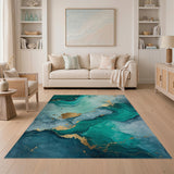 Emerald Teal Gold Fluid Abstract Area Rug