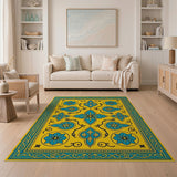 Teal Floral Persian Motif on Yellow Area Rug