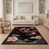 Washable Black Oriental Dragon & Peony Low Pile Area Rug