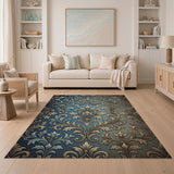 Elegant Blue Damask Floral Vintage Rug