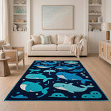 Blue and Teal Cute Cartoon Whale Ocean Kids Area Rug