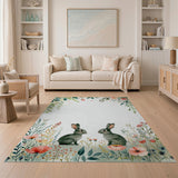 ODIKA Watercolor Bunny and Wildflower Washable Nursery Rug - Low Pile Non-Slip
