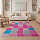 Vibrant Pink Blue Gray Patchwork Geometric Rug