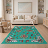 Teal Floral Berry Bordered Area Rug