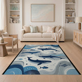 Whimsical Whales Ocean Waves Blue Area Rug