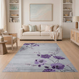 Purple Peony Floral Grey Area Rug