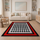 Black White Harlequin Diamond Area Rug with Red Accents