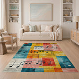 ODIKA Washable Music Note Abstract Area Rug - Vintage Teal & Orange Low Pile Non-Slip Rug