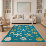 Teal Coastal Starfish Fish and Seashells Rug