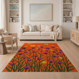 Vibrant Orange Floral Rug with Purple Yellow Blooms