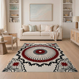 Red Mandala Geometric Area Rug on Ivory