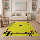 Playful Black Cat Cartoon Yellow Area Rug