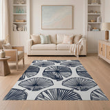 ODIKA Navy Blue Abstract Fan Washable Rug - Low Pile Non-Slip Area Rug
