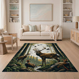 ODIKA Washable Forest Deer Buck Scene Rug - Rustic Lodge Area Rug, Low Pile & Non-Slip