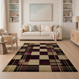 Distressed Vintage Plaid Area Rug in Black, Maroon Tan