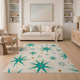 ODIKA Washable Mid-Century Modern Starburst Area Rug - Teal & Cream Low Pile