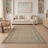 Tan Beige Geometric Grid Border Area Rug
