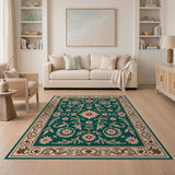 Vintage Floral Green Area Rug with Pink Blooms