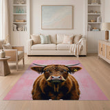 Shaggy Highland Cow Portrait Pink Area Rug