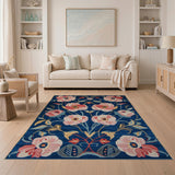 Pink Poppy Floral Navy Area Rug