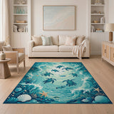 ODIKA Sea Turtle Ocean Life Washable Area Rug - Non-Slip Low Pile Coastal Decor