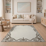 Ornate Floral Vine Border Beige Area Rug