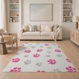 Playful Pink Grey Paw Print Area Rug
