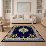 Blue and Teal Navy Blue Gold Ornate Medallion Area Rug