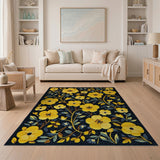 Yellow Vibrant Yellow Floral Area Rug on Black