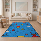 Playful Geometric Blue Rug with Balloon Fox