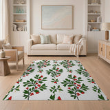 Red Berry Green Leaf Floral Pattern Area Rug
