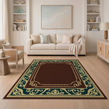 Ornate Teal Gold Border Brown Area Rug