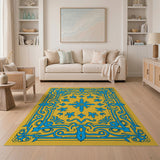 Ornate Blue Fleur-de-Lis on Yellow Area Rug