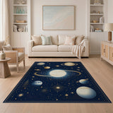 ODIKA Celestial Universe Washable Area Rug - Navy Blue Gold Vintage Planet Star Space Pattern