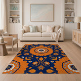 Vibrant Orange Floral Navy Area Rug