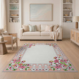 Pink Ornate Pink Floral Persian Border Rug