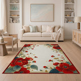 Red Peony Floral Border Area Rug