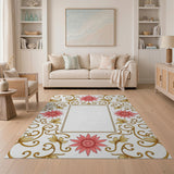 Ornate Pink Floral Gold Vine Border Rug