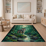 Rustic Farmhouse Moonlit Forest Wolf Area Rug