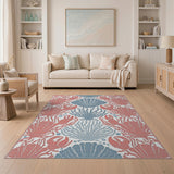 Red Crab Teal Seashell Coastal Area Rug