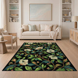 Vintage White Blossom Floral Area Rug on Black