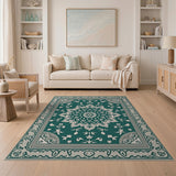 Teal Persian Medallion Area Rug with Floral Motifs