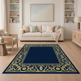 Navy Blue Ornate Gold Floral Border Area Rug