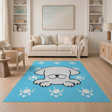 Cute Cartoon Puppy with Paw Prints Blue Area Rug