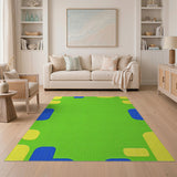 Playful Green Kids Rug with Yellow Ovals Blue Rectangles