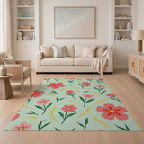Pink Cosmos Floral Area Rug on Mint Green