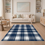 Geometric Modern Navy Blue Plaid Washable Area Rug