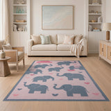 Playful Grey Elephants Pink Nursery Area Rug